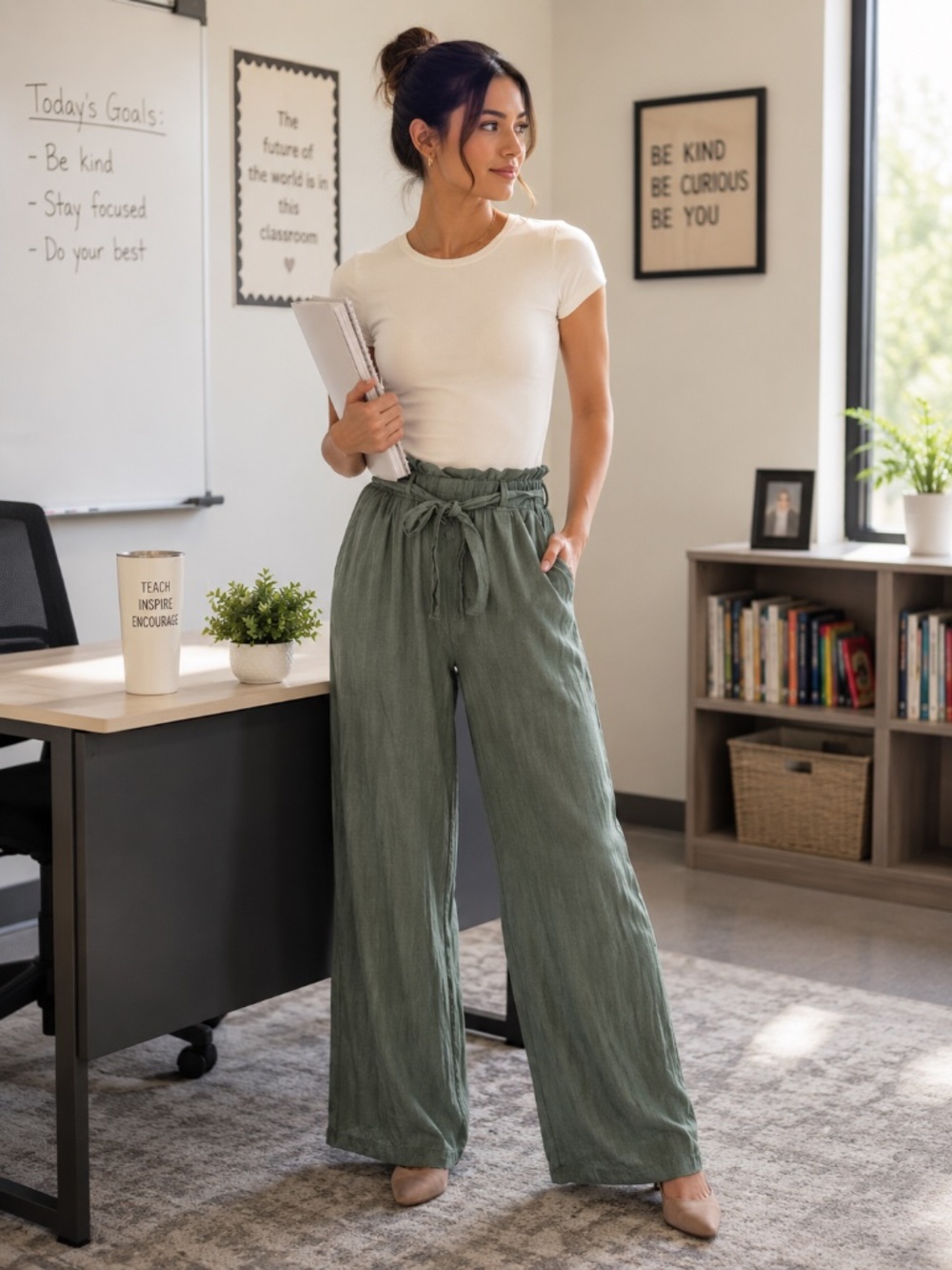 Thread & Supply Olive Linen Blend Paperbag Wide Leg Pants Small Teacher Career